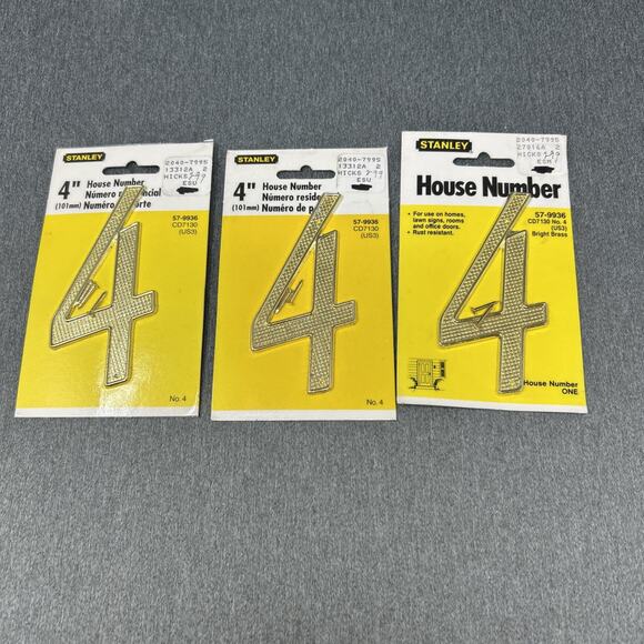 Vintage Stanley House Number 4 Brass Finish 4" Metal Sign NOS Packaged 57-9936 - Picture 6 of 7